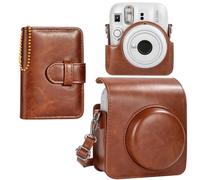 HIYQIN Funda y Álbum para Fuji Mini 13 12, Funda Protectora de Cuero PU para Cámara Fujifilm Instax Mini 13/12 con Bolsillo para Fotos, Álbum de Fotos con Llavero y Correa de Hombro Ajustable - Marrón
