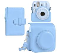 HIYQIN Funda y Álbum para Fuji Mini 13 12, Funda Protectora de Cuero PU para Cámara Fujifilm Instax Mini 13/12 con Bolsillo para Fotos, Álbum de Fotos con Llavero y Correa de Hombro Ajustable - Azul