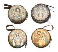 HiyyFloy Bolsita para Rosario Católico, 4 Unidades, Bolsa De Almacenamiento Redonda con Cremallera para Rosario con Virgen María, Caja Pequeña para Guardar Joyas, Religiosos.