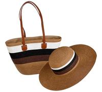 HiyyFloy Conjunto De Bolso Y Sombrero De Paja para Mujer: Bolso De Hombro a Rayas De Gran Capacidad con Gorra De Verano, Imprescindibles para IR De Compras a Playa Y Viajar.
