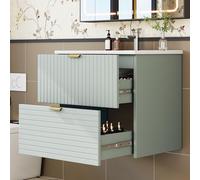 HIYYIH Lavabo colgante de pared, tablero de fibra de densidad media, completamente lacado, con dos cajones silenciosos, completamente lacado, lavabo integrado, armario bajo para lavabo, 61 x 46 x 57