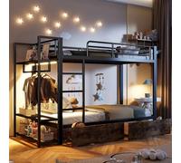 HIYYIH Litera de metal, 90 x 200 cm, cama bunk Bed con 2 cajones, litera doble con varios estantes, litera para niños con barra de luz LED y barra para colgar ropa, color negro (sin colchón)