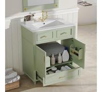 HIYYIH Mueble de baño montado en la pared, mueble de baño con lavabo de cerámica, armario de baño con cajones de cierre suave, armario de almacenamiento con asas de metal y protección contra
