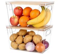 Hiziwimi Juego de 2 cajas de almacenamiento transparentes, cesta de frutas apilable de 2 niveles, recipientes con tapa para gominolas, patatas, cebollas, ajo, cocina, baño, encimera y bandeja