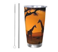 HJBNW Vaso de acero inoxidable de 20 onzas con tapa y pajita, doble pared aislada al vacío, taza de café de viaje, jirafa bajo el árbol en África, taza de café reutilizable, taza térmica de viaje