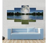 HJDGLP Cuadro sobre Lienzo 5 Piezas Impresión En Lienzo Cuadro De Pintura Póster De Arte cuadros decoracion salon modernos cuadros para dormitorios Salida de la luna sobre el lago 150x80cm