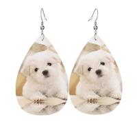 HJFCZH Bonitos aretes de cuero con diseño de lágrima con estampado de cachorros malteses, colgantes ligeros con ganchos chapados en plata, colores vivos y diseño hipoalergénico para ocasiones festivas