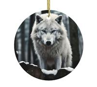 HJFCZH Colgante redondo de cerámica con imagen de lobo solitario de 7,4 cm, equipado con cordón de alambre dorado duradero