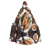 HJFCZH Delicioso patrón de pescado a la parrilla para adultos, chaqueta con capucha para Halloween, capa larga de fiesta, adecuada para hombres y mujeres