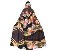 HJFCZH Delicioso patrón de sushi para adultos, chaqueta con capucha para Halloween, capa larga de fiesta, adecuada para hombres y mujeres