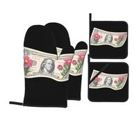HJFCZH Flowers On Banknotes Prints - Juego de mantas de cocina duraderas para horno con poliéster impermeable, sistema de protección contra el calor de 4 piezas
