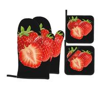 HJFCZH Fresh Strawberry - Juego de manoplas y soportes para ollas, color negro, poliéster impermeable, 21 x 21 cm, 4 piezas