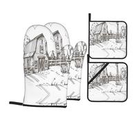 HJFCZH Fundas de cocina con estampado de casa de pueblo: capas impermeables para horno para cocinar de forma segura y fácil limpieza, juego de 4 piezas de protección contra el calor