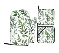 HJFCZH Green Flowers And Branches Prints - Juego de 4 manoplas de horno y soporte para ollas, aislado, grueso y duradero para hornear en la cocina, microondas, horno, barbacoa al aire libre