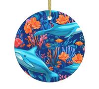 HJFCZH Hermoso colgante redondo de cerámica con diseño de árbol de Navidad con diseño de mundo submarino, decoraciones navideñas de 2.9 pulgadas