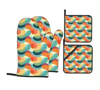 HJFCZH Juego de 4 manoplas de horno y soporte para ollas con estampado abstracto retro colorido, aislado, grueso y duradero para hornear en la cocina, microondas, horno, barbacoa al aire libre
