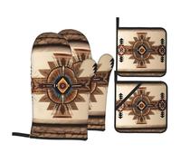 HJFCZH Juego de guantes de horno y soportes para ollas de pintura nativa americana, poliéster, negro, 21 x 21 cm, 4 piezas