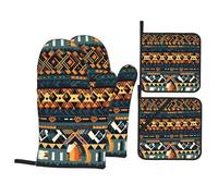 HJFCZH Juego de manoplas de horno y soportes para ollas con textura étnica tribal africana, poliéster impermeable, negro, 4 piezas