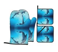 HJFCZH Kiss Dolphin Tale - Juego de guantes de horno y soportes para ollas, manta de cocina impermeable y capas resistentes al calor, fundas duraderas para cocinar, hornear y hacer barbacoas