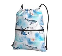 HJFCZH Mochila con cremallera y cordón con estampado de ballenas marinas y medusas, bolsa ligera para gimnasio con bolsillo frontal, ideal para viajes y yoga