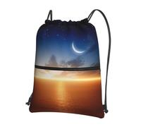 HJFCZH Mochila con cremallera y cordón con estampado de cielo con luna, bolsa ligera para gimnasio con bolsillo frontal, ideal para viajes y yoga