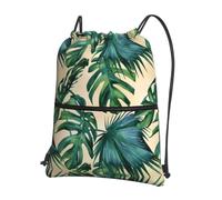 HJFCZH Mochila con cremallera y cordón con estampado de hojas de plátano verde - Bolsa de gimnasio ultra duradera resistente al agua para viajes y deportes - Funda ligera y plegable