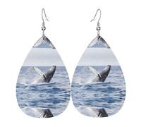 HJFCZH Pendientes colgantes de cuero con estampado de ballena sobre el agua del mar, elegantes gotas de agua para un estilo festivo y chic diario