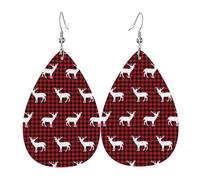 HJFCZH Pendientes de gota de agua con estampado de ciervo a cuadros, gotas de piel sintética de moda con ganchos de plata de ley 925, duraderos y elegantes
