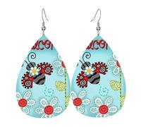 HJFCZH Pendientes de gota de agua con estampado de flores de mariquita, gotas de piel sintética de moda con ganchos de plata de ley 925, duraderos y elegantes