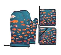 HJFCZH School of Fish Prints - Juego de guantes de horno y soportes para ollas, manta de cocina impermeable y capas resistentes al calor, fundas duraderas para cocinar, hornear y hacer barbacoas