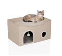 hjh LIVING Casa para gatos plegable para interior, 62 x 41 x 33 cm, con tabla para rascar y pelota de juego, gran superficie, color beige