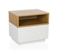 hjh LIVING MELMO - Mesita de noche con cajón y estante abierto, mesita de noche pequeña, color blanco y roble
