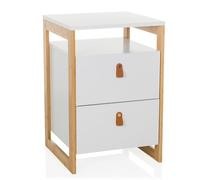 hjh LIVING Mesilla con 2 cajones TAROLO III Mesilla con Estante Abierto, Tirador de Polipiel, Mueble con Marco de bambú, Blanco