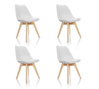 hjh OFFICE 661009 Sillas de Comedor Juego de 4 Scandi Plástico Blanco Patas de Madera Maciza de Haya, Silla Tapizada Diseño Retro