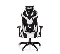 hjh OFFICE 729264 Silla giratoria Gaming Promoter II Tela Negro/Blanco, Reposacabeza y Cojín Lumbar, Respaldo Ajustable hasta un ángulo de 180°