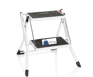 hjh OFFICE 801200 Escalera portátil de 2 Pasos con asa Solid W1 Acero Blanco Taburete Plegable de Doble Lado, Escalera Delgada para el hogar