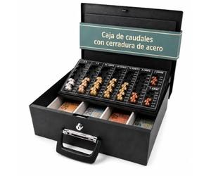 hjh OFFICE Caja de Caudales Safe I - Caja metálica con cerradura, bandeja para monedas euro, compartimentos para billetes y asas, para efectivo