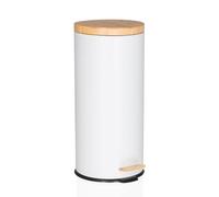 hjh OFFICE Cubo de Basura 30 litros, Cubo de Pedal con Tapa de bambú, Cierre Suave Clean Bamboo Cubo de Basura de Metal con Cubo Interior, Blanco Mate