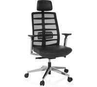 hjh OFFICE sillón de Oficina ergonómico SPINIO Elite L sillón Ejecutivo de Cuero, reposacabezas Ajustable y Apoyo Lumbar, Silla giratoria con Respaldo de Malla, Negro
