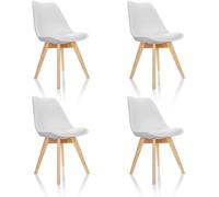 hjh OFFICE 661009 Sillas de Comedor Juego de 4 Scandi Plástico Blanco Patas de Madera Maciza de Haya, Silla Tapizada Diseño Retro