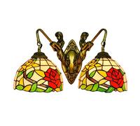 HJLJKG 7.8Inch Wall Stained Glass Wall Lamp Red Flowers and Green Leaves Double Head Wall Lighting Fixture for Living Room, Stairwell, Corridor, Bedroom