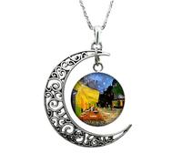 HJLJKG 925 Sterling Silver Half Moon Necklace for Women and Men,Gogh Starry Night Glass Cabochon Clavicle Necklace, Phase Moonglow Crescent
