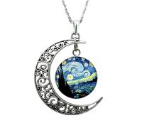 HJLJKG 925 Sterling Silver Half Moon Necklace for Women and Men,Gogh Starry Night Glass Cabochon Clavicle Necklace, Phase Moonglow Crescent