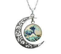 HJLJKG 925 Sterling Silver Half Moon Necklace for Women and Men,Gogh Starry Night Glass Cabochon Clavicle Necklace, Phase Moonglow Crescent