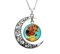 HJLJKG 925 Sterling Silver Half Moon Necklace for Women and Men,Gogh Starry Night Glass Cabochon Clavicle Necklace, Phase Moonglow Crescent