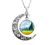 HJLJKG 925 Sterling Silver Half Moon Necklace for Women and Men,Gogh Starry Night Glass Cabochon Clavicle Necklace, Phase Moonglow Crescent