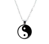 HJLJKG 925 Sterling Silver Women, Classic Tai Chi with Round Glass Pendant, and Necklaces, Yin Yang Necklace for Men