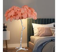 HJLJKG Bedroom and Living Room Standing Lamp Natural Ostrich Feather Floor Lamp, Silver Lamp Body, 3 Color Dimmable with