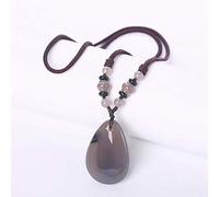 HJLJKG Grey Agate Pendant Necklace Ethnic Women Long Chain Engagement Luxury Ornaments Water Drop Bijuterias Rope Chain