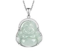 HJLJKG Jade Pendant Green Natural Real Laughing Buddha Necklace - Good Luck 925 Silver Chain Amulet Jewelry Gifts